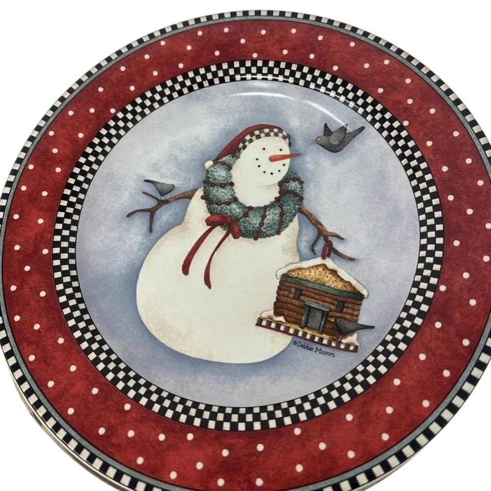 Debbie Mumm Frosty Folks Snowman Dessert Salad Plate Set of 4 Sakura Red Black‎